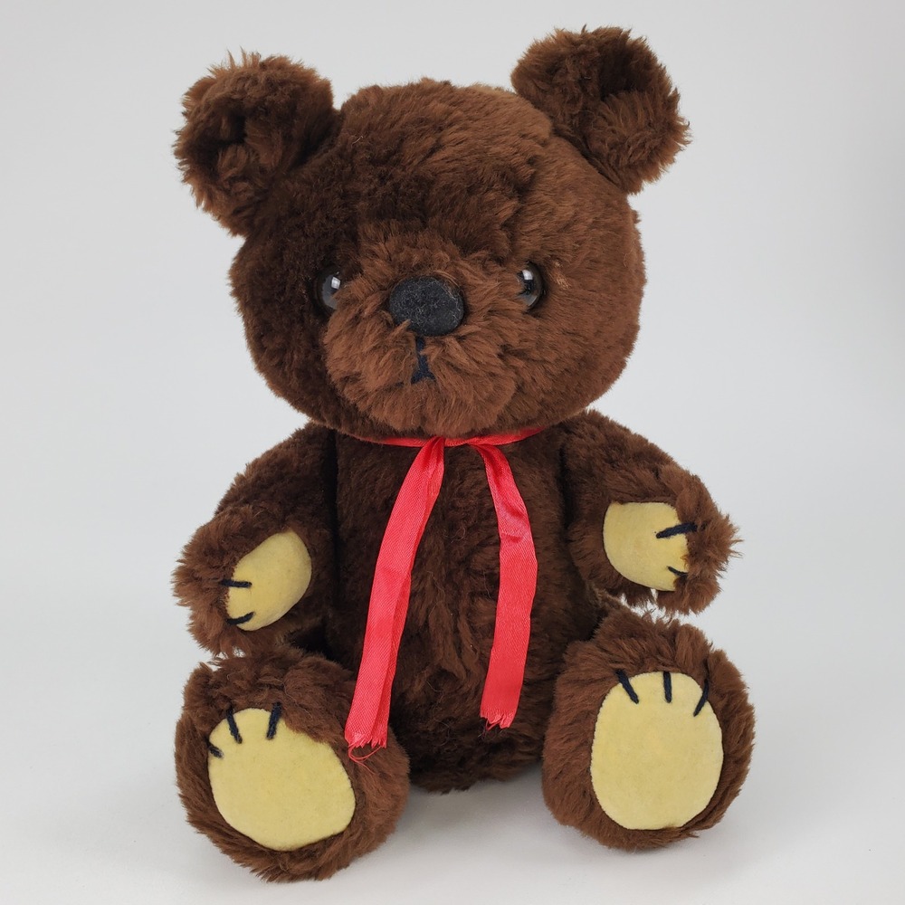 Vintage 1981 R Dakin Brown Jointed‎ Teddy Bear Plush Red Ribbon 10 Inch Toy